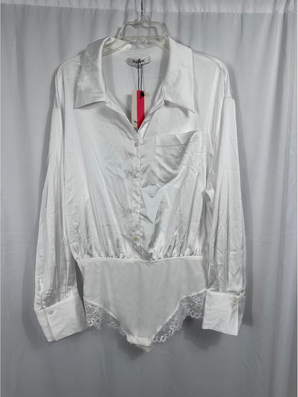 Popilush White Satin Lace-Trim Button-Up Bodysuit Blouse Size XL